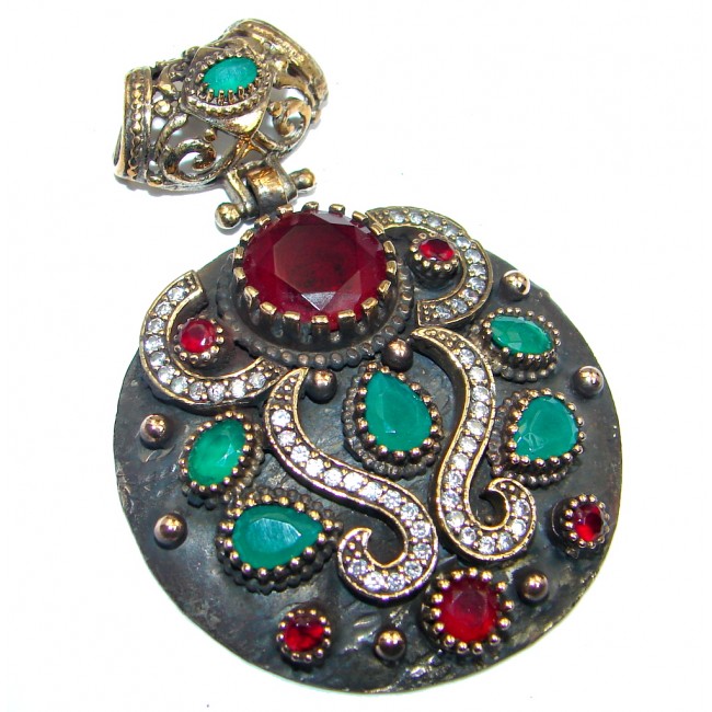 Victorian Style Created Ruby & White Topaz Sterling Silver Pendant