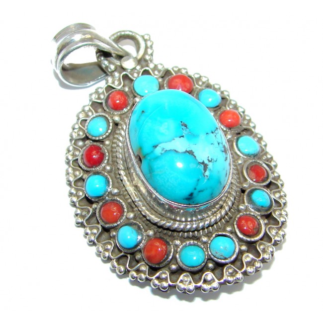 Genuine Blue Turquoise & Coral Sterling Silver handmade Pendant