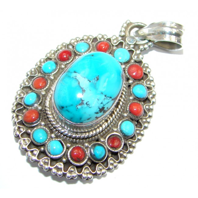 Genuine Blue Turquoise & Coral Sterling Silver handmade Pendant
