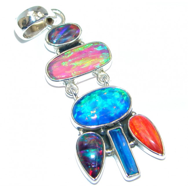 Abstract Lab. created Fire Opal Sterling Silver handmade Pendant