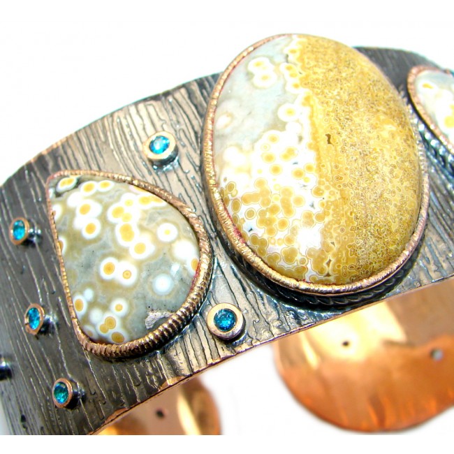 One of the kind Ocean Jasper Swiss Blue Topaz Gold Rhodium plated over Sterling Silver handmade Bracelet