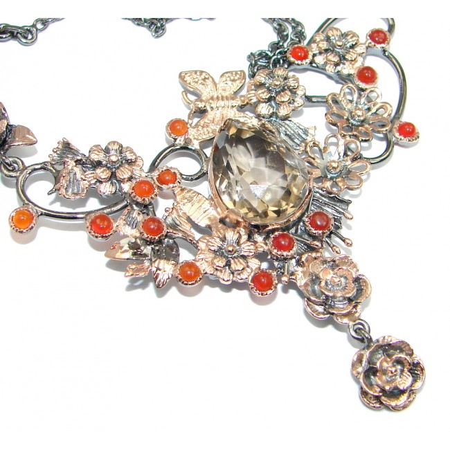 Champagne Smoky Topaz Cranelian Rose Gold Rhodium plated over Sterling Silver handmade necklace