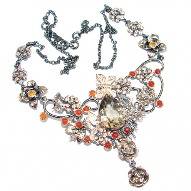 Champagne Smoky Topaz Cranelian Rose Gold Rhodium plated over Sterling Silver handmade necklace