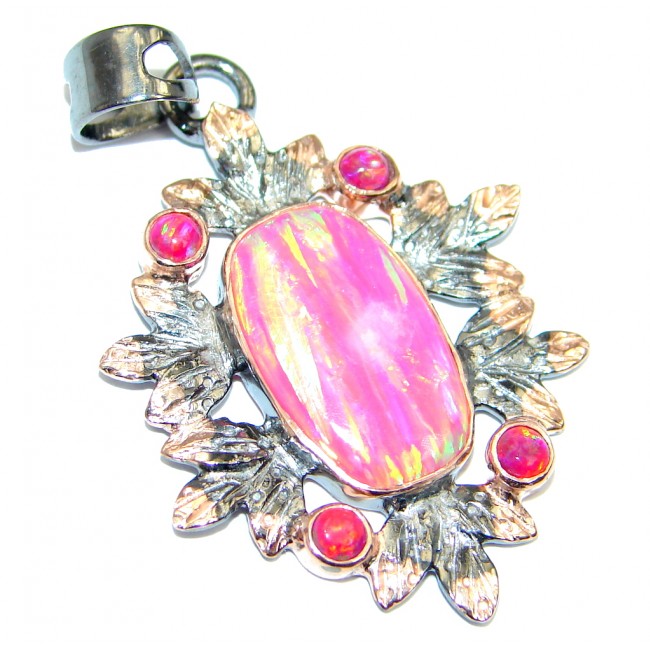 Luxurious Lab. created Pink Fire Opal Sterling Silver handmade Pendant