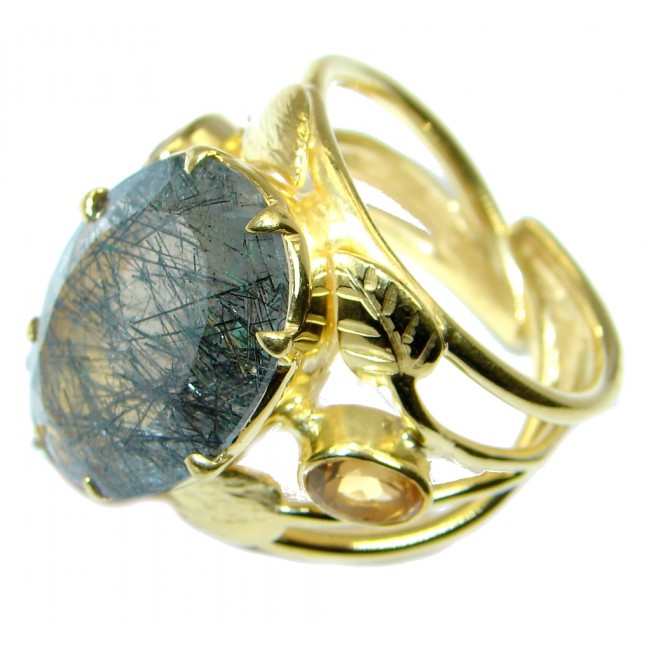 Genuine Tourmalinated Quartz Gold Rhodium plated over Sterling Silver Ring size adjustable