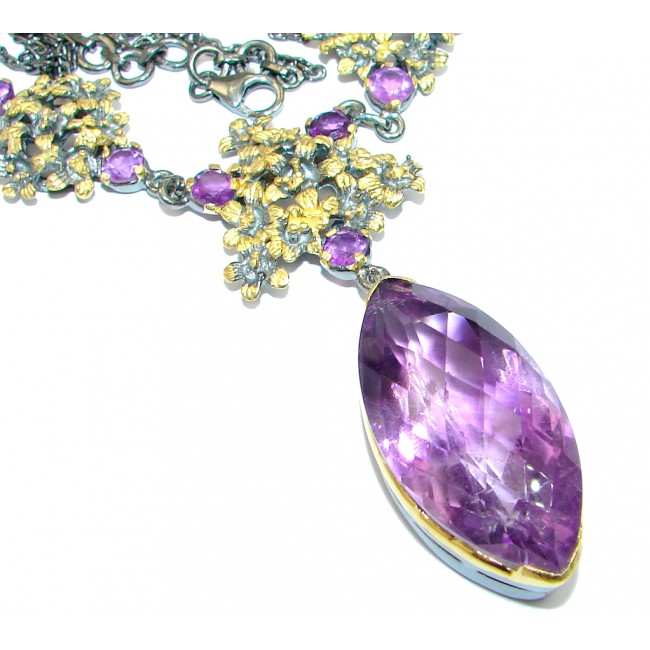 Genuine Huge Amethyst Gold Rhodium plated over Sterling Silver handcrafted necklace