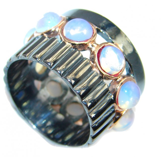Rare Design Opalite Gold Rhodium Plated over Sterling Silver handmade ring s. 8