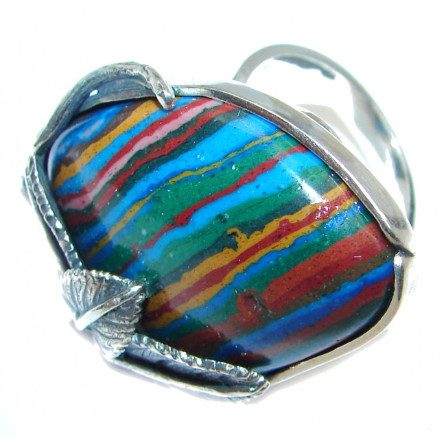 Blue Rainbow Calsilica Sterling Silver handcrafted ring size adjustable