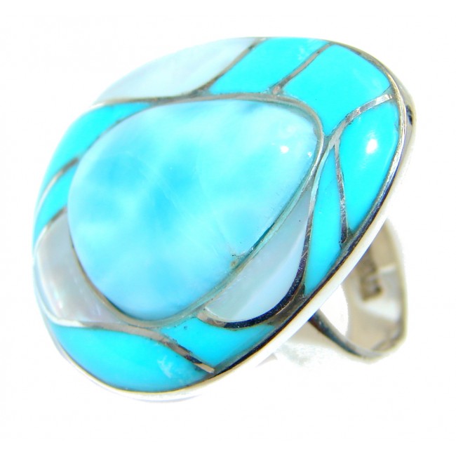 Huge Genuine Larimar Inlay Blister Pearl Sterling Silver handmade Ring size 8 1/4