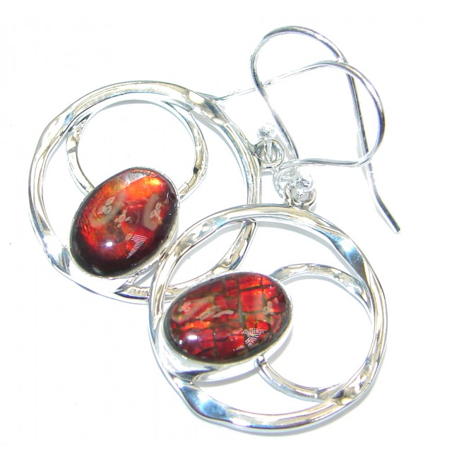 Beautiful Fire Ammolite hammered Sterling Silver earrings