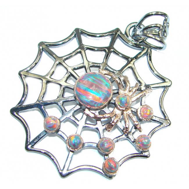 Spider's Web Luxurious Lab. created Pink Fire Opal Sterling Silver handmade Pendant