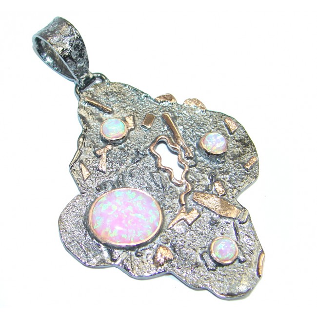 Luxurious Lab. created Pink Fire Opal Gold Rhodium plated over Sterling Silver handmade Pendant