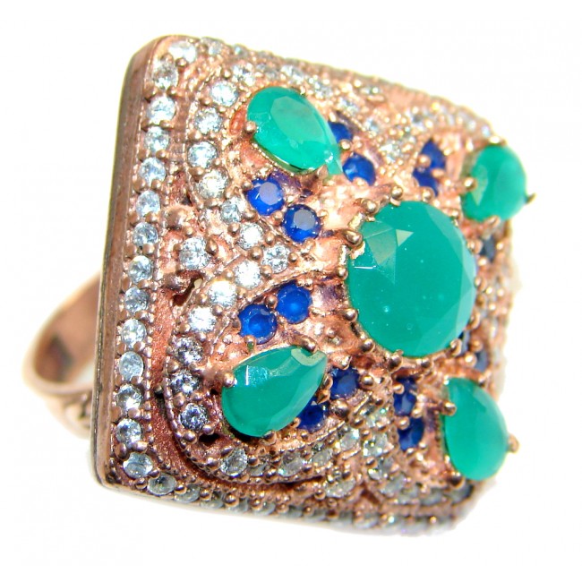 Victorian Style created Emerald & White Topaz Copper over Sterling Silver ring; s. 7