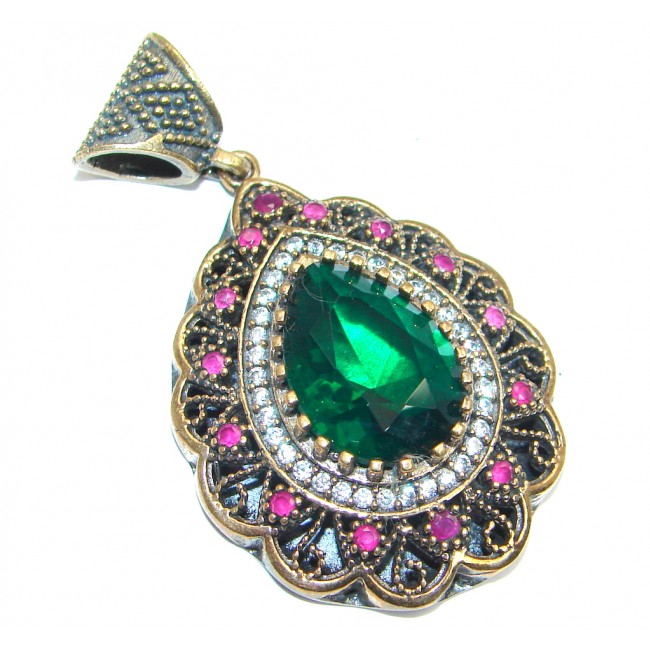 Victorian Style created Emerald Two tones Sterling Silver Pendant