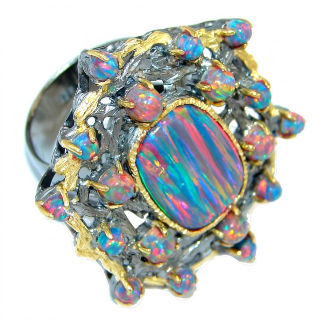 Big Blue Lab created Fire Opal Gold Rhodium plated over Sterling Silver Ring size adjustable