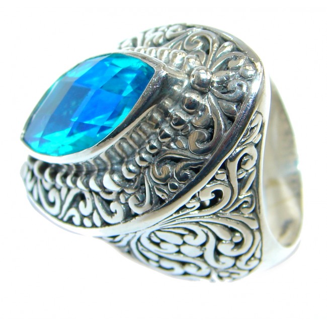 Huge Vintage Design Blue Aqua Topaz Sterling Silver ring s. 7