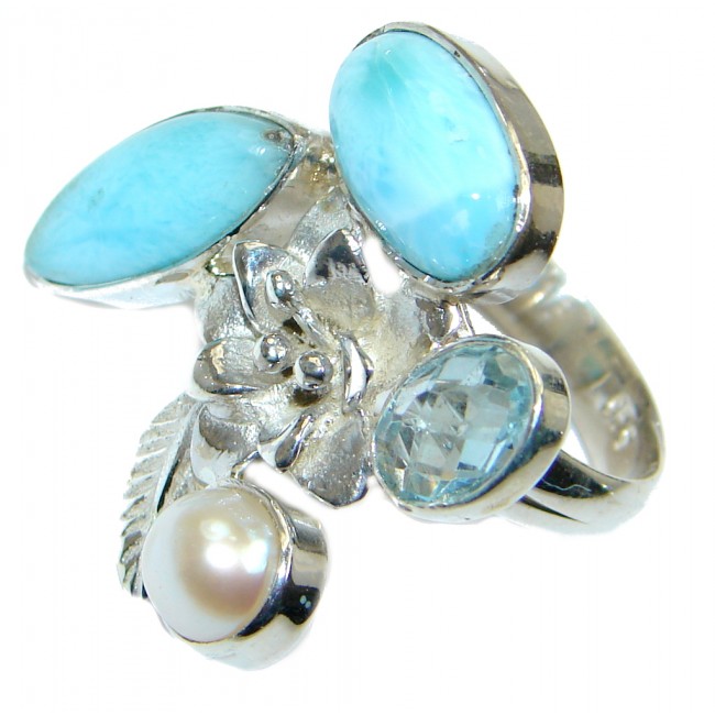 Solid Genuine Larimar Topaz Pearl Sterling Silver handmade Ring size 8