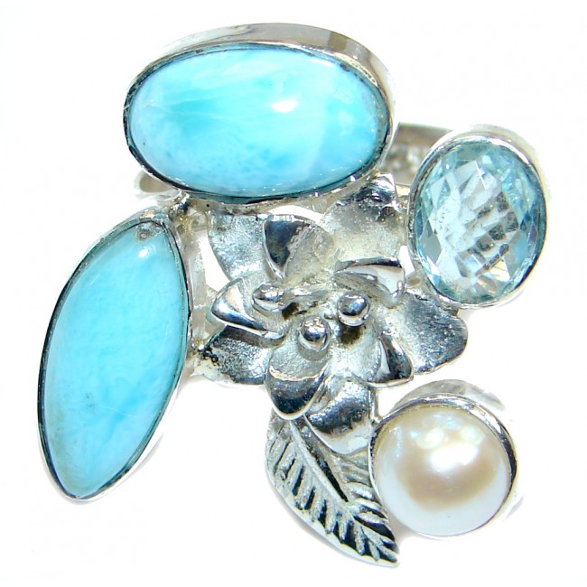 Solid Genuine Larimar Topaz Pearl Sterling Silver handmade Ring size 8