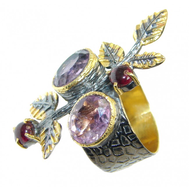 Genuine Pink Amethyst Garnet Gold plated over Sterling Silver handmade ring size 7