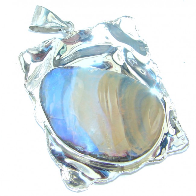 Beautiful Natural Australian Boulder Opal hammered Sterling Silver Pendant
