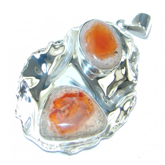 Genuine Mexican Fire Opal hammered Sterling Silver Pendant