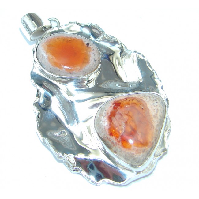 Genuine Mexican Fire Opal hammered Sterling Silver Pendant