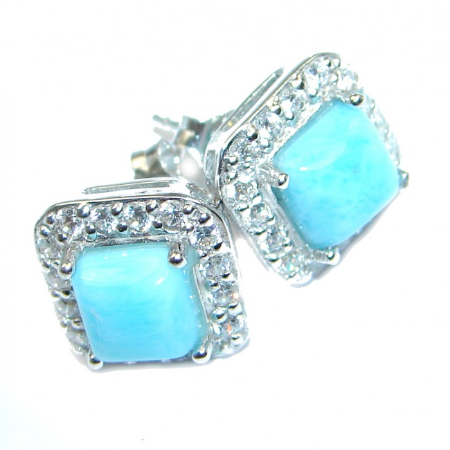 Precious Blue Larimar White Topaz Sterling Silver handmade stud earrings