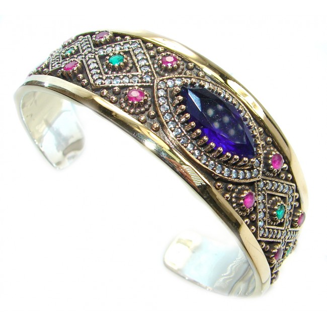 Victorian Style Created Sapphire & White Topaz copper covered Sterling Silver Bracelet / Cuff