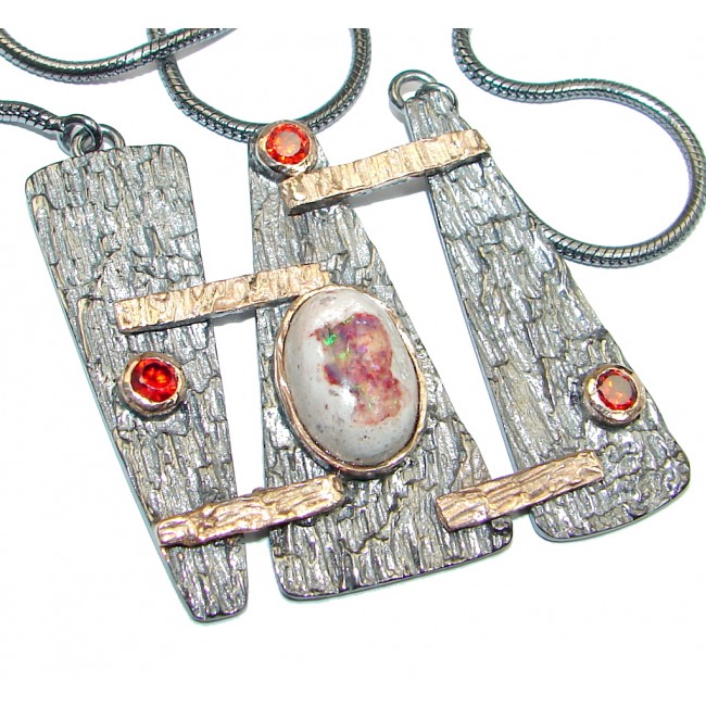 Great Mexican Fire Opal Garnet Gold Rhodium plated over Sterling Silver handmade Necklace