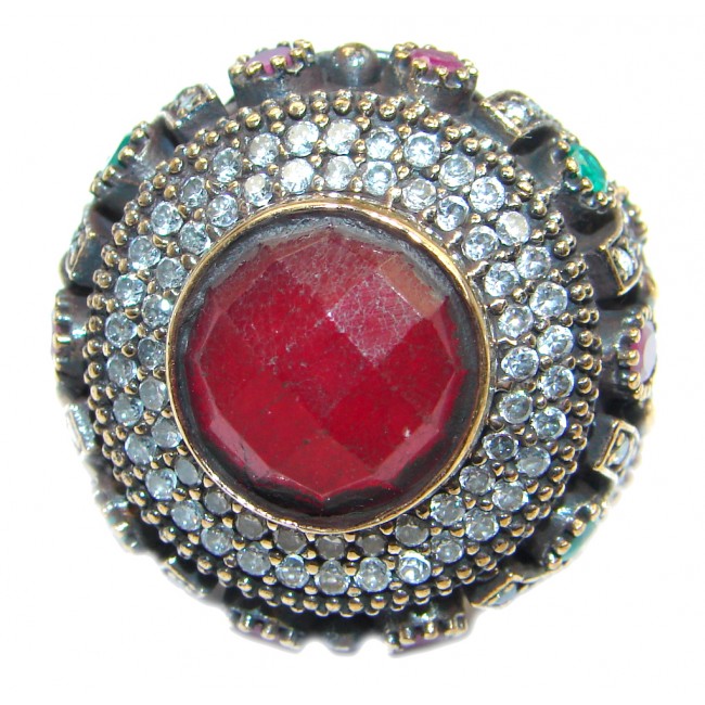 Victorian Style Ruby White Topaz Sterling Silver ring; s. 9 3/4