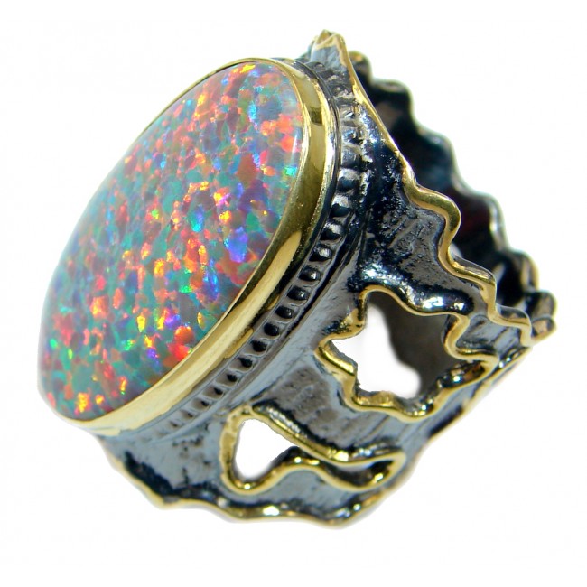 Large Lab. Fire Opal Gold Rhodium plated over Sterling Silver Ring size 9