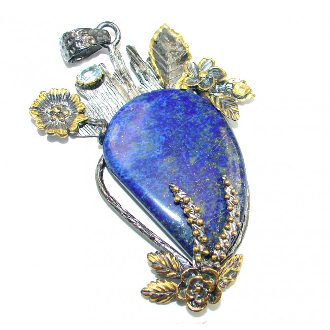 Large Blue Lapis Lazuli Gold Rhodium plated over Sterling Silver handmade Pendant