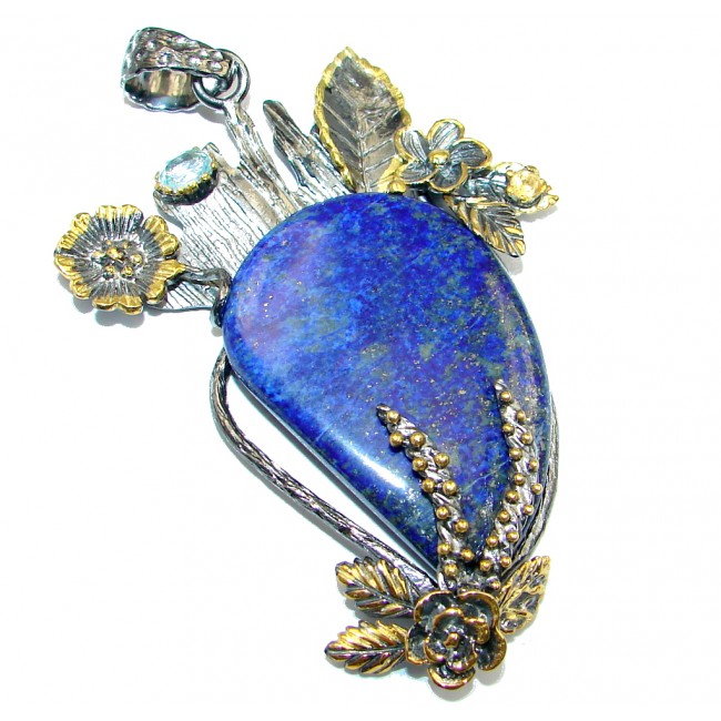 Large Blue Lapis Lazuli Gold Rhodium plated over Sterling Silver handmade Pendant