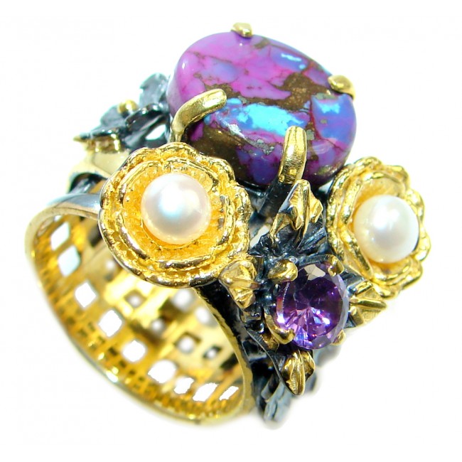 Beautiful Purple Turquoise Pearl Gold Rhodium plated over Sterling Silver Ring size 7