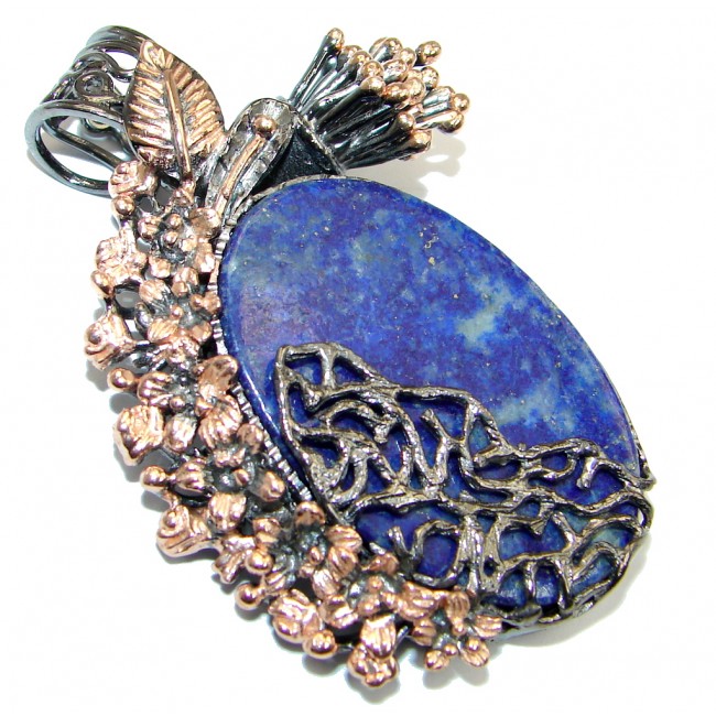 Large Blue Lapis Lazuli Rose Gold Rhodium plated over Sterling Silver handmade Pendant