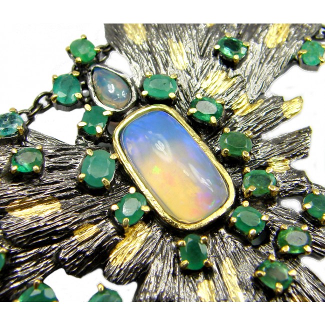 20 ct Authentic Ethiopian Opal Columbian Emeralds Gold Rhodium plated over Sterling Silver handmade necklace