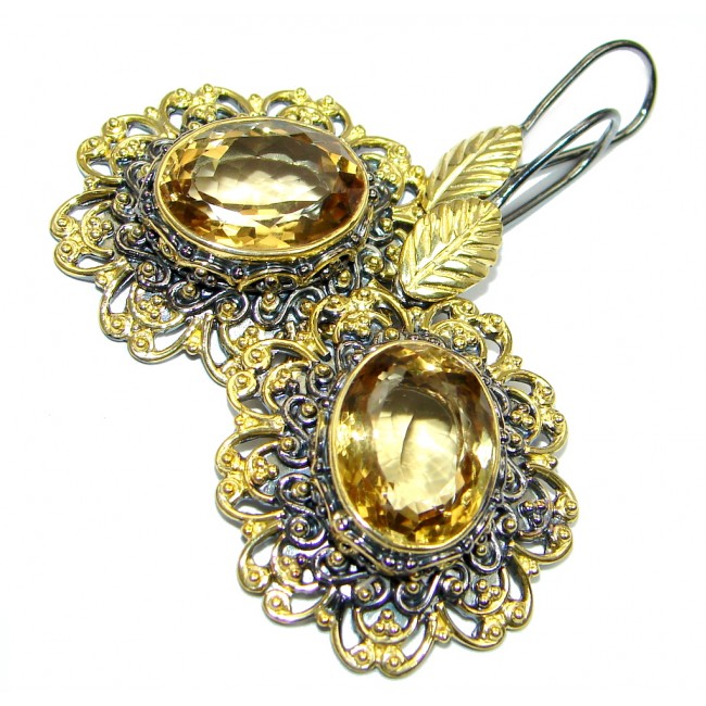 Huge natural Citrine Gold Rhodium plated over Sterling Silver handmade earrings
