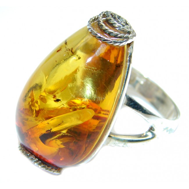 Natural Amber Oxidized Sterling Silver handmade Ring size 9