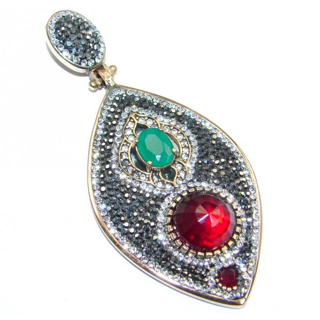 Victorian Style created Ruby Spinel Two tones Sterling Silver Pendant