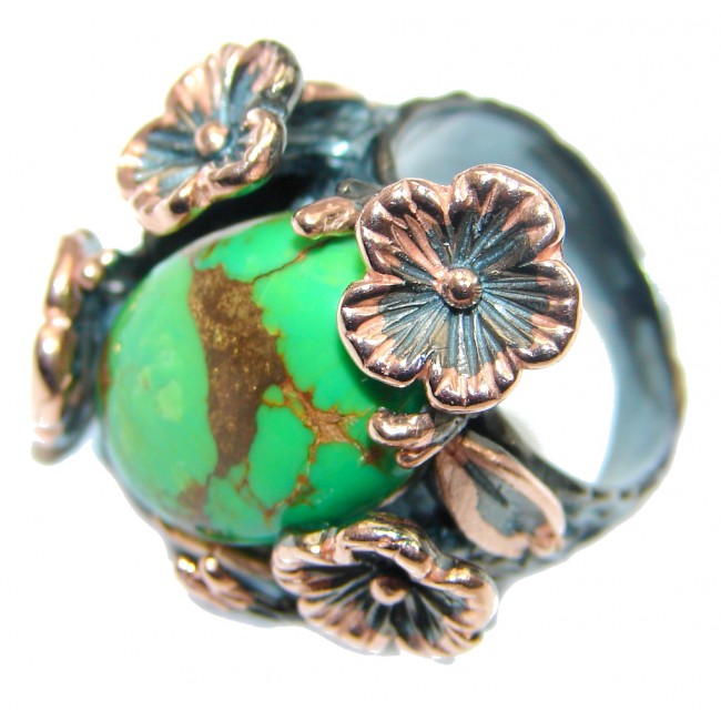 Green Turquoise Rose Gold Rhodium Sterling Silver handmade ring size 7