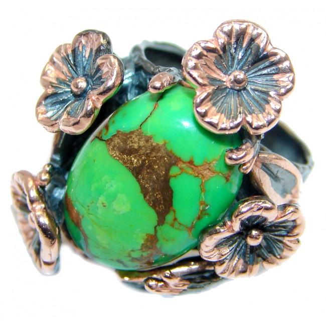 Green Turquoise Rose Gold Rhodium Sterling Silver handmade ring size 7