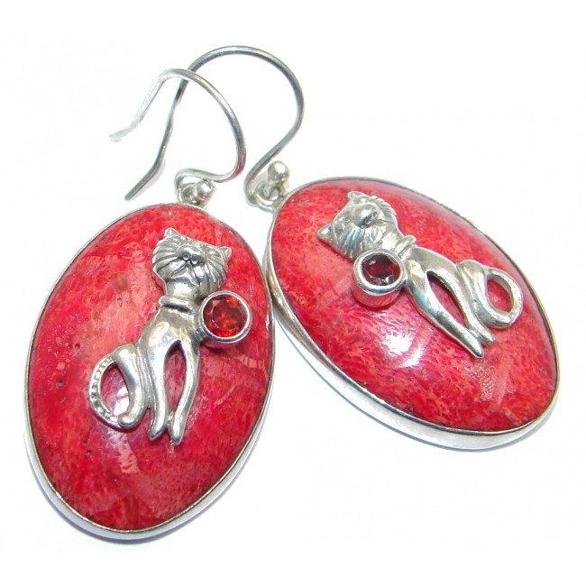 Two Cats Red Fossilized Coral Sterling Silver handcrafted earrings