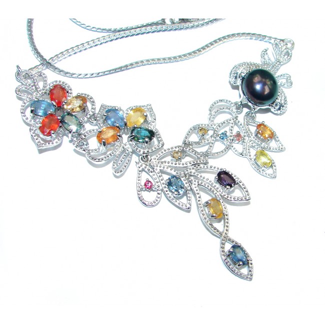 Gracious Natural Fancy Colors Sapphire Pearl 925 Sterling Silver Necklace