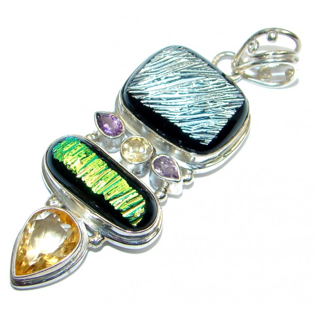Huge Mexican Dichroic Glass Sterling Silver handmade Pendant
