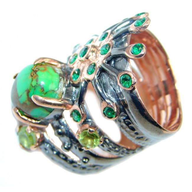Amazing Green Turquoise Emerald Rose Gold plated over Sterling Silver Ring s. 6 3/4