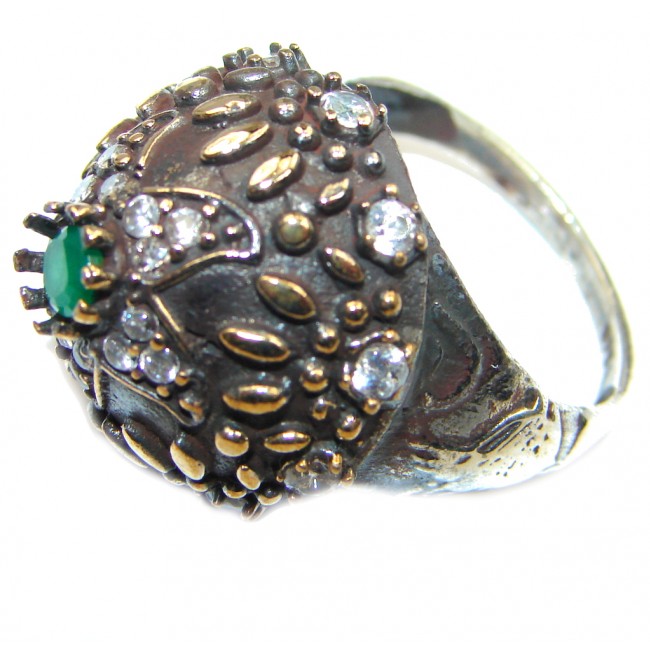 Victorian Style created Emerald & White Topaz Copper over Sterling Silver ring; s. 7 3/4