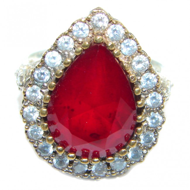 Victorian Style created Ruby & White Topaz Sterling Silver ring; s. 6 3/4