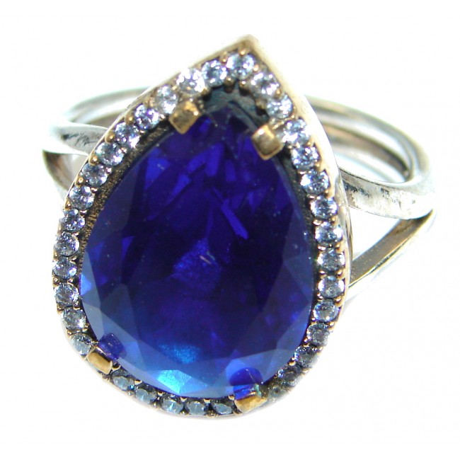 Created Blue Sapphire & White topaz Sterling Silver Ring s. 8