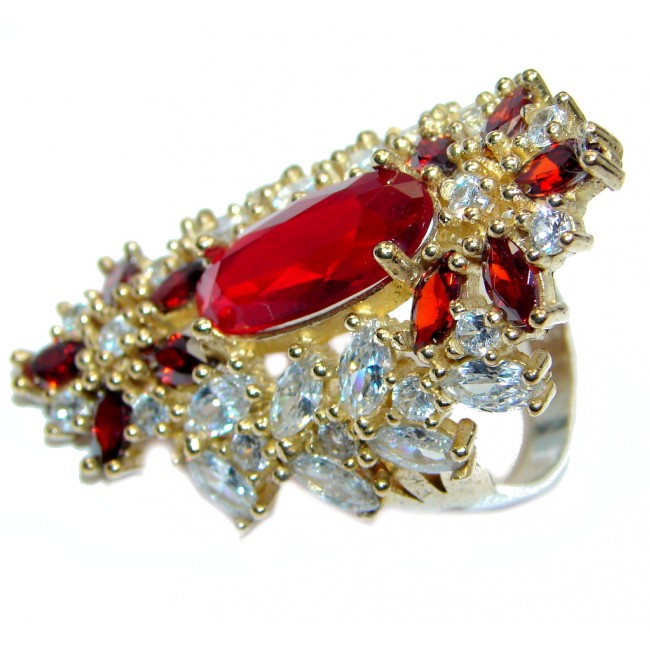 Large Victorian Style created Ruby & White Topaz Sterling Silver ring; s. 8 3/4