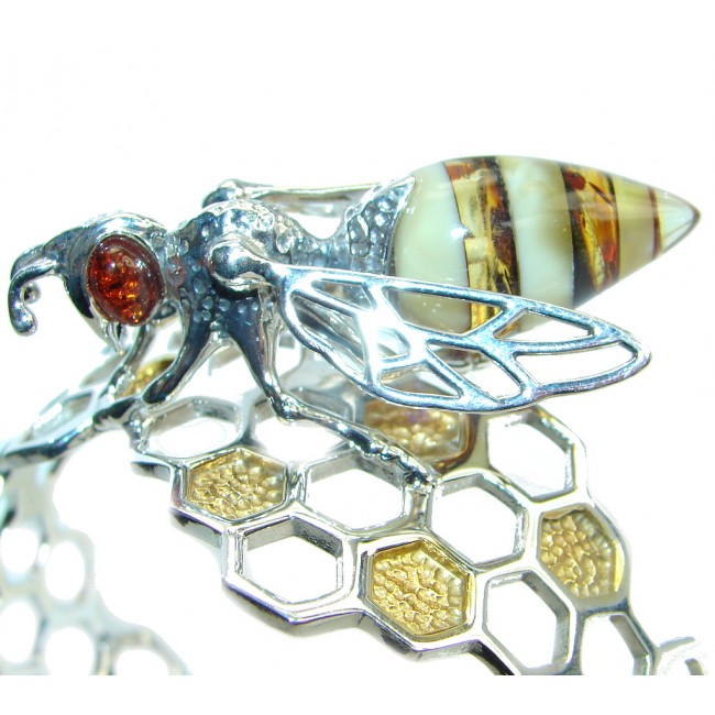 Real Master piece Honey Bee Polish Amber Two Tones Sterling Silver Bracelet / Cuff